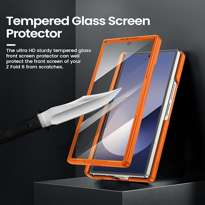 VEGO for Galaxy Z Fold 6 Case with Stand, 360°Ring Magnetic Kickstand & Hinge Protection & Front Screen Protector & Camera Cover & Belt Clip Holster Case for Samsung Galaxy Z Fold 6 5G - Orange
