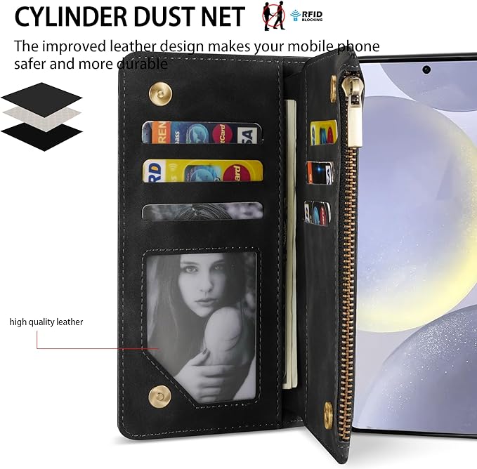 ZZXX for Samsung Galaxy S24 Plus Wallet Case with RFID Blocking Card Slot PU Leather Zipper Flip Folio with Strap Kickstand Protective Cover for Samsung Galaxy S24+ Case Wallet(Black-6.7 inch)