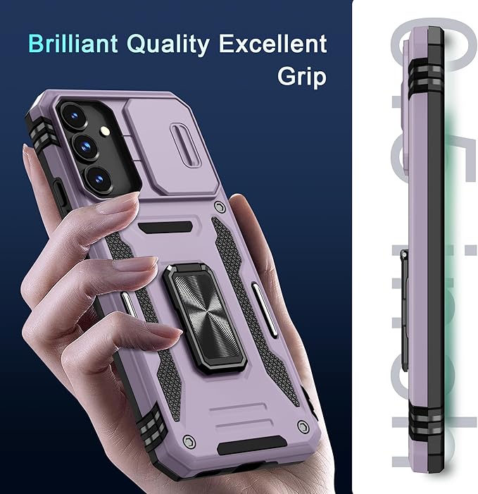 DEERLAMN Case for Samsung Galaxy S25 6.2-Inch with Slide Camera Cover+Screen Protector (1 Pack), Rotated Ring Kickstand Military Grade Shockproof Protective Cover-Deep Purple