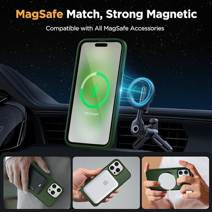 Miracase Magnetic for iPhone 15 Pro Case 6.1 inch (Compatible with MagSafe)（with 2X Screen Protectors）Military-Grade Protection, Anti-Fingerprint Translucent Matte Phone Cover, Dark Green