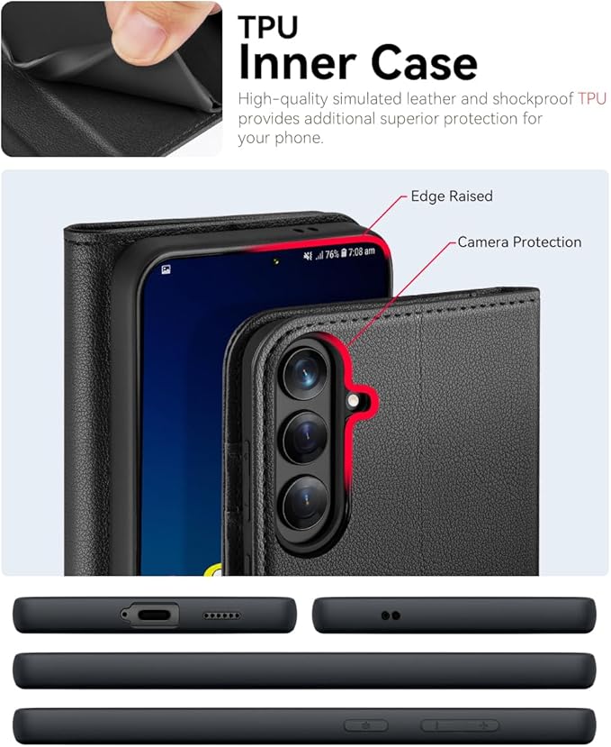 OCASE Compatible with Galaxy S25 FE Wallet Case, PU Leather Flip Folio Case with Card Holders RFID Blocking Kickstand [Shockproof TPU Inner Shell] Protective Phone Cover 2025, Litchi Black