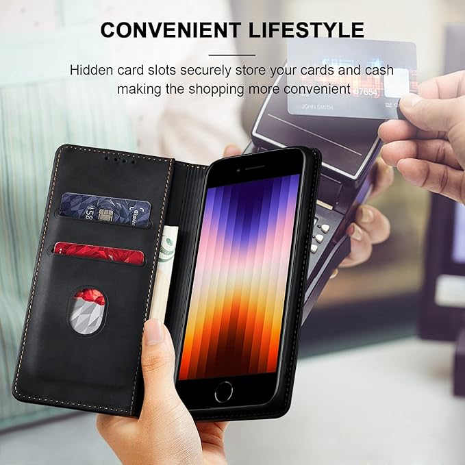 Jasonyu Flip Wallet Case for iPhone SE 2022/2020/8/7,Leather Magnetic Folio Cover with Card Holder,Kickstand - TPU Shockproof Durable Protective Phone Case,Black