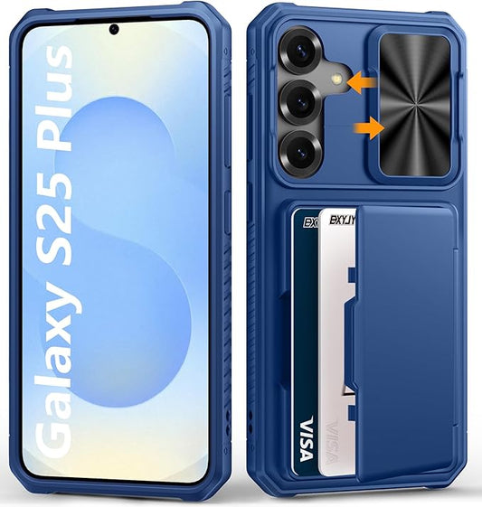for Samsung Galaxy S25+ Plus Wallet Case, Card Holder (4-5 Cards), RFID Block, Slide Lens Cover, Military Drop Protection, Heavy Duty Men Women Protective Phone Cases for Galaxy S25+ Plus, Blue