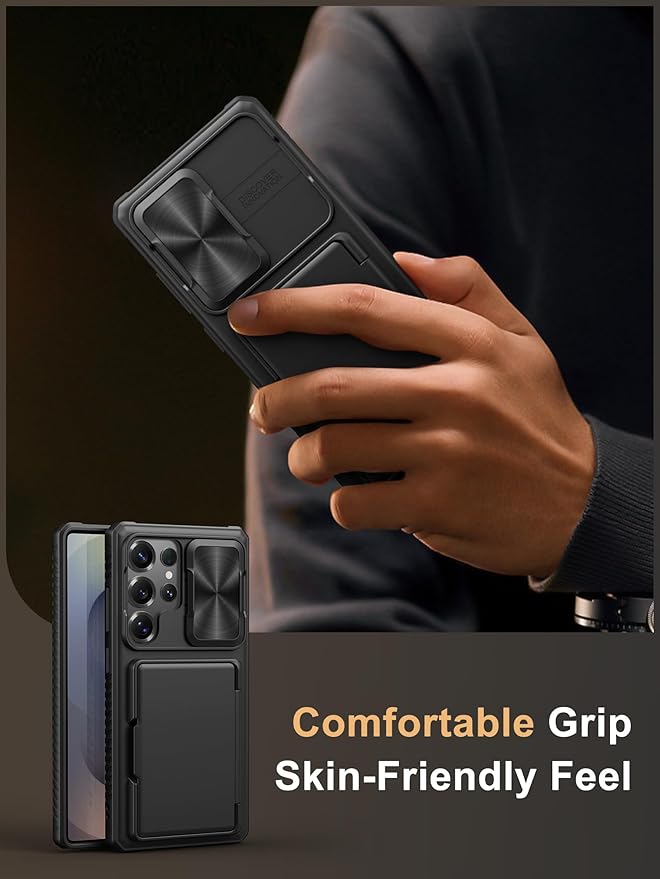 Vihibii for Samsung Galaxy S25 Ultra Case with Card Holder (4 Cards), [RFID Blocking] & Slide Camera Cover & Military Grade Drop Protection, Heavy Duty Wallet Cover for Samsung Galaxy S25 Ultra, Black