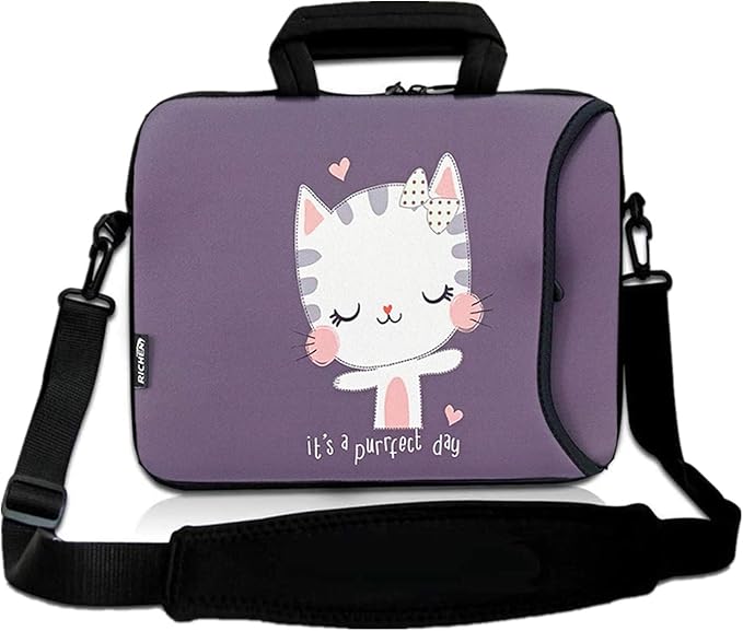 RICHEN 14 15 15.4 15.6 inch Laptop Shoulder Bag Notebook Handle Sleeve Neoprene Soft Carrying Travel Case with Accessories Pocket (14-15.6 inch, Cute Cat)