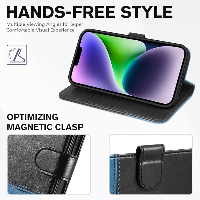 TUCCH Case Wallet for iPhone 14 6.1", Protective [TPU Shockproof Inner Shell], PU Leather [RFID Blocking] [4 Card Holder] Magnetic Stand Cover Compatible with iPhone 14 6.1", Black & Light Blue