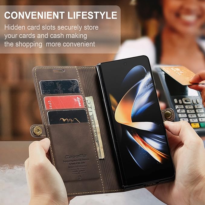 for Samsung Galaxy Z Fold4 Case, Flip Wallet Leather Case with Card Holder Magnetic Closure Shockproof Kickstand Protective Phone Cases Cover for Samsung Galaxy Z Fold4,Coffee