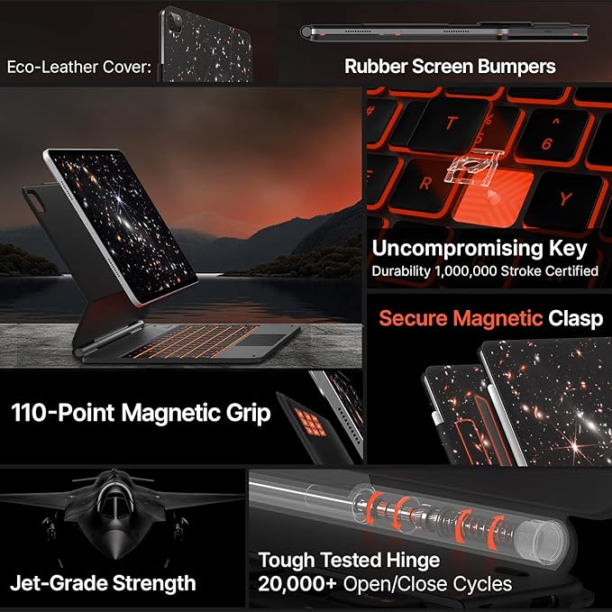 typecase Keyboard Case for iPad Air 13 and iPad Pro 12.9 (6th,5th,4th,3rd Gen),Magic-Style for iPad Pro 12.9,Magnetic Keyboard,Built-in trackpad,11 Colors Backlight,James Webb Orange