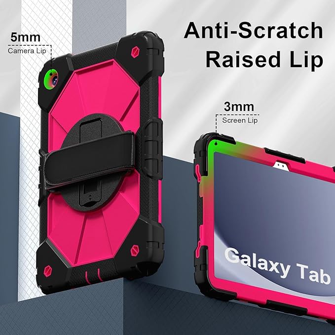 Case for Samsung Galaxy Tab A9+ 11 Inch 2023 (X210/X216/X218), Heavy Duty Shockproof Rugged 360 Rotating Hand Strap Protective Case for Galaxy Tab A9 Plus Tablet, Black/Rose Red