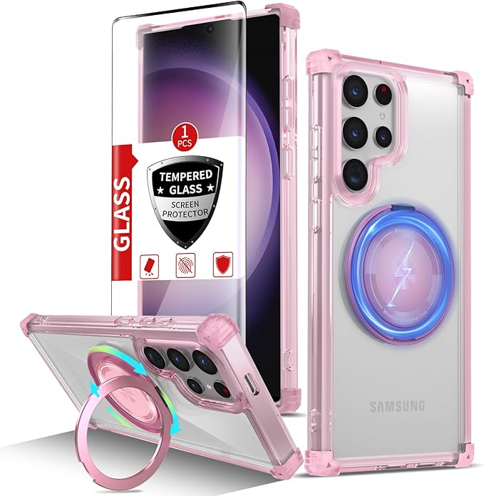 for Samsung Galaxy S23 Ultra Case Compatible with Magnetic Wireless Charging with 1 Screen Protector,for S23 Ultra Phone Case with Kickstand Ring Military Grade Drop Protection Shockproof Pink