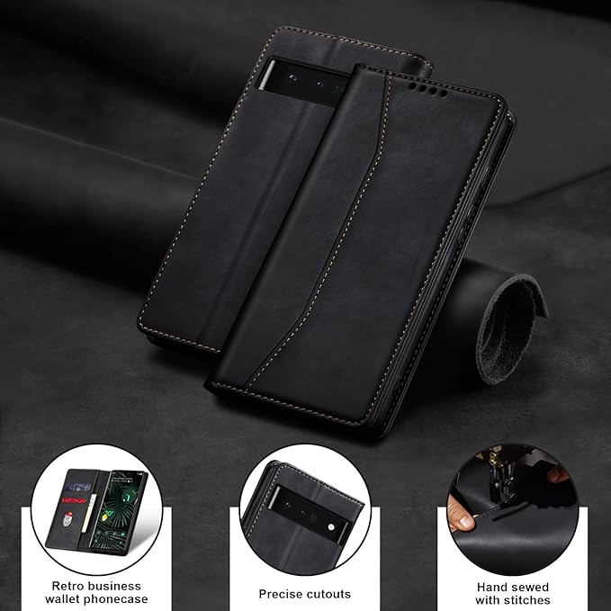 Jasonyu Flip Wallet Case for Google Pixel 6 Pro 5G,Leather Magnetic Folio Cover with Card Holder,Kickstand - TPU Shockproof Durable Protective Phone Case,Black