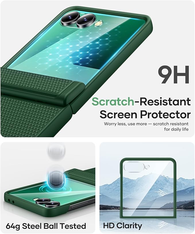 Vihibii for Samsung Galaxy Z Flip 7 Case with Rugged Hinge Protection & Outer Screen Protector, Compatible with Wireless Charging, Non-Slip Shockproof Slim Phone Cover for Galaxy Z Flip 7 2025, Green
