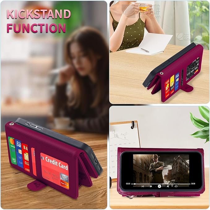 Lacass for Samsung Galaxy S24 FE S24FE Case Wallet,Compatible with MagSafe 2 in 1 Magnetic Detachable PU Leather RFID Blocking Wallet Cover Card Holder Zipper Wrist Strap Lanyard,Floral Wine Red