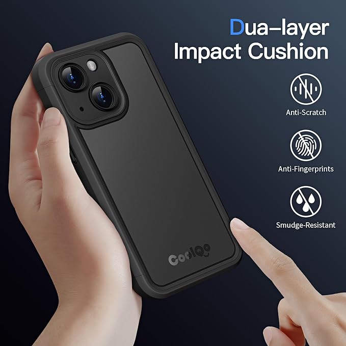 COOLQO Magnetic for iPhone 15 Case, Compatible with MagSafe, Dual Layer Design Military Grade Protection, Translucent Matte Scratch-Resistant Back Protective Shockproof Phone Case, Black