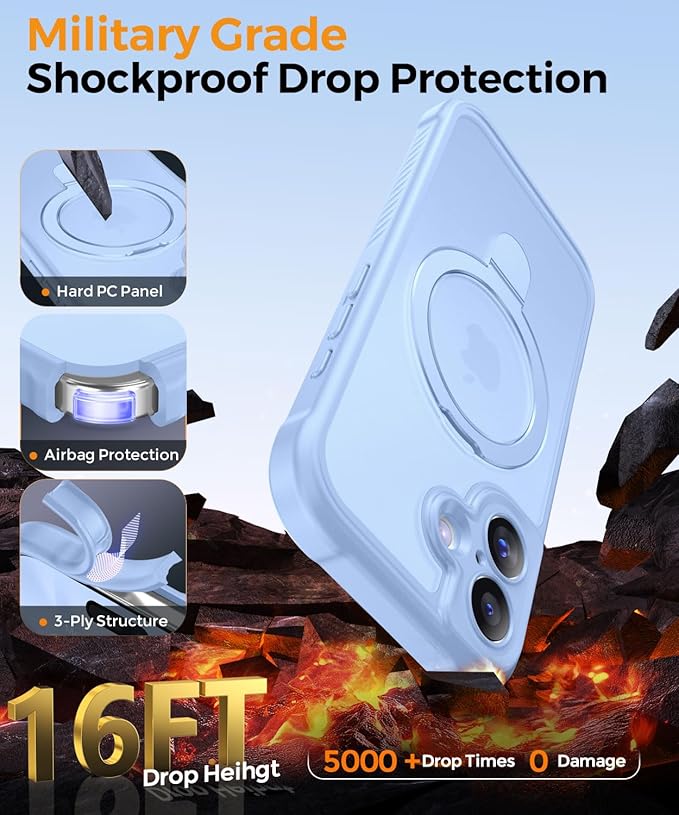 MOCCA Compatible with iPhone 17 Case with Magnetic Invisible Stand [Full Camera Protection] [Compatible with Magsafe] Military Drop Shockproof Translucent Matte Phone Case Cover 6.3",Light Blue