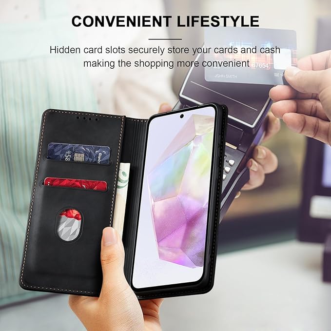 Jasonyu Flip Wallet Case for Samsung Galaxy A35,Leather Magnetic Folio Cover with Card Holder,Kickstand - TPU Shockproof Durable Protective Phone Case,Black