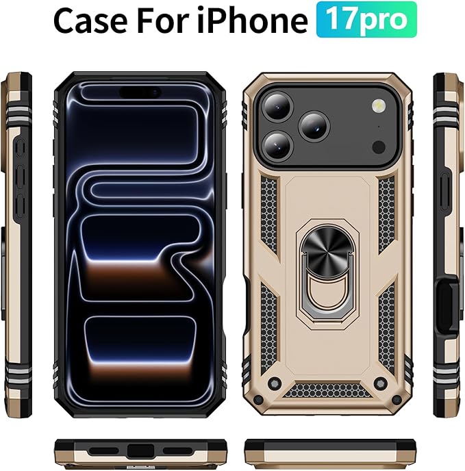 ADDIT Compatible with iPhone 17 Pro Case with Tempered Glass Screen Protector, Adjustable Kickstand Ring, Military-Grade Heavy Duty Protection, Shockproof, Anti-Fingerprint,Gold