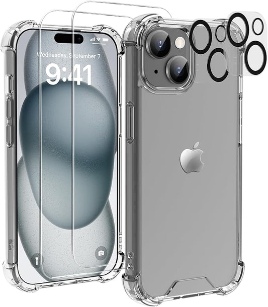 for iPhone 15 Plus Case Clear - 5-in-1 Camera Lens and Glass Screen Protector Not Yellowing