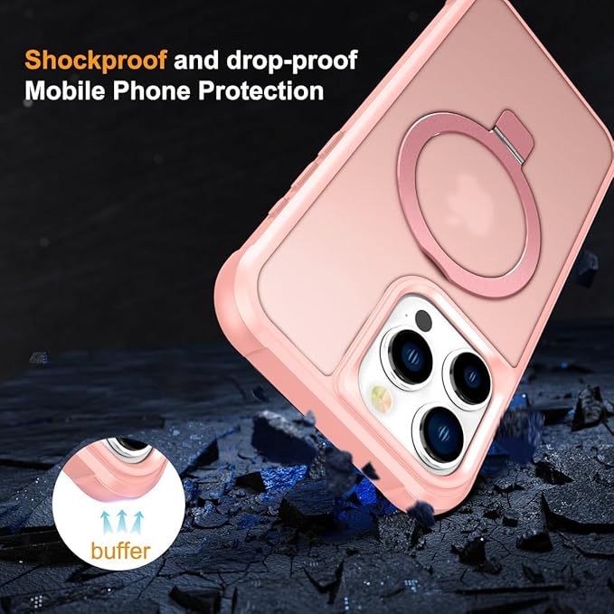 Magnetic Compatible with iPhone 16 Pro Case with Stand [Military Grade Drop Tested][Compatible with Magnet] Ring Translucent Slim Hard Back Soft Edge, Pink