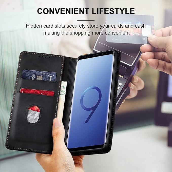 Jasonyu Flip Wallet Case for Samsung Galaxy S9,Leather Magnetic Folio Cover with Card Holder,Kickstand - TPU Shockproof Durable Protective Phone Case,Black