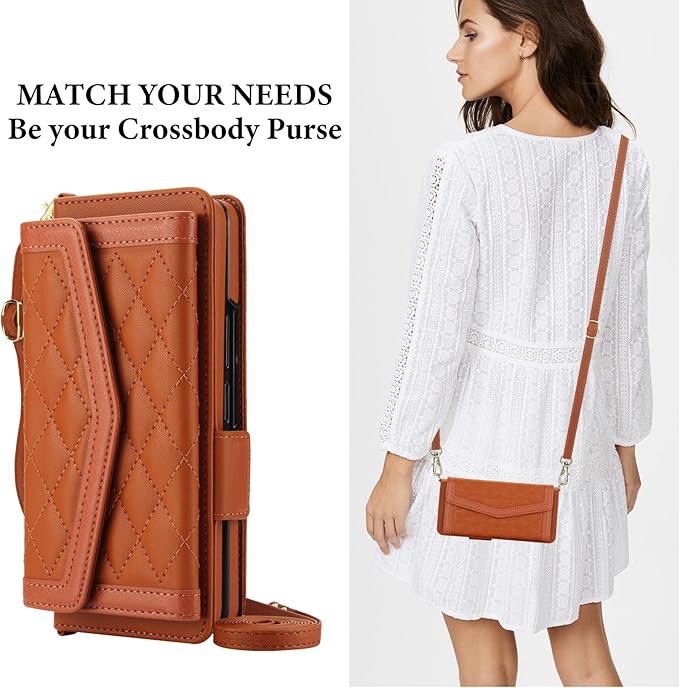 for Samsung Galaxy Z Fold 7 Wallet Case - Stitching Pattern RFID Blocking Card Holder, S Pen Slot Crossbody Strap, Full Body Protection Flip Cover for Women Brown