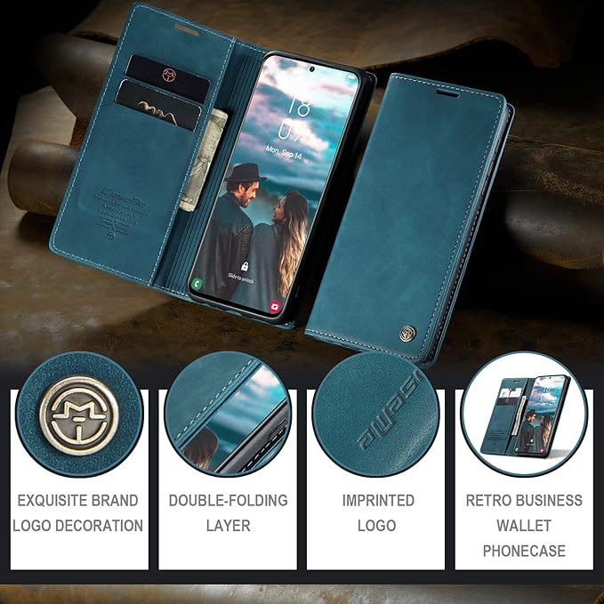 for Samsung Galaxy S21 FE Case, Flip Wallet Leather Case with Card Holder Magnetic Closure Shockproof Kickstand Protective Phone Cases Cover for Samsung S21 FE,Blue-Green