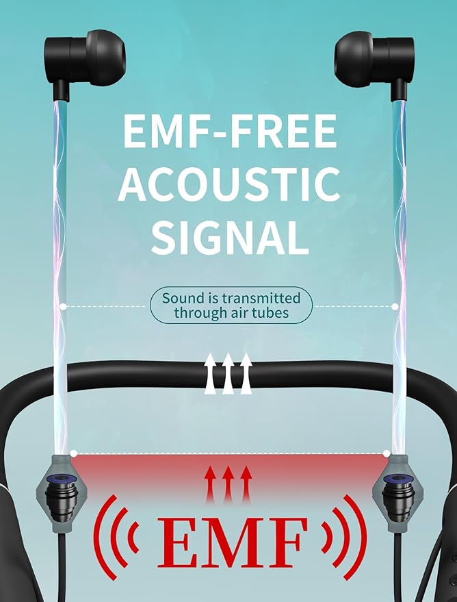 Air Tube Bluetooth Headphones with LED Battery Display,EMF Free Neckband Wireless Earbuds with 25H Playtime,HD Bass Airtube Headphone Emf Free with Mic And Controls,Airtube Earbuds For Sleep,Work,Gym