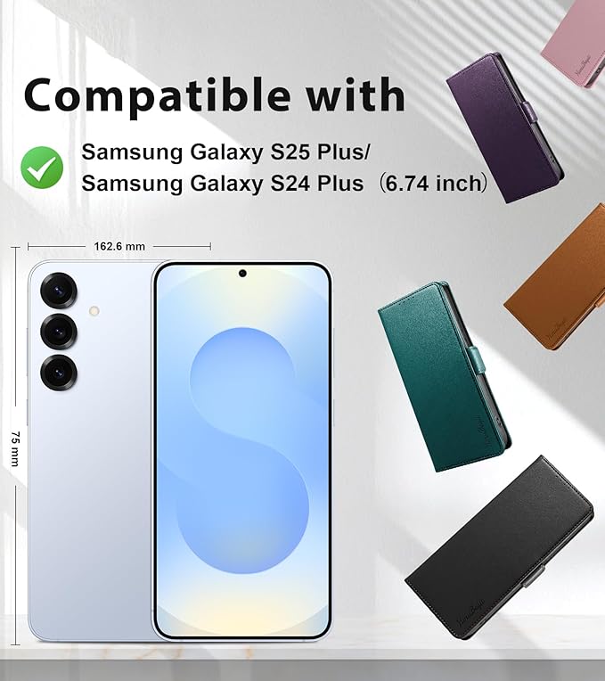 Wallet Flip Case for Samsung Galaxy S25 Plus/S25+ 5G - [RFID Blocking] Luxury PU Leather Card Holder Magnetic Phone Cover with Kickstand,Shockproof Protective Case,Black