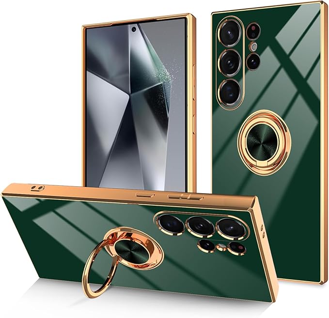 Dinick Green for Samsung Galaxy S24 Ultra Case with Ring Holder Kickstand [with Magnetic] Soft TPU Bumper, Glitter Gold Electroplated Cover Slim Thin Protective Phone Case for Galaxy S24 Ultra