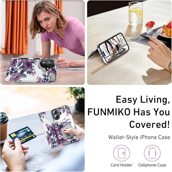 FUNMIKO for iPhone 16 Wallet Case with Card Holder, RFID-Blocking, Military-Grade Protection & UV-Printed Artwork, Magnetic Closure with Leather Kickstand - Elegant Purple Floral