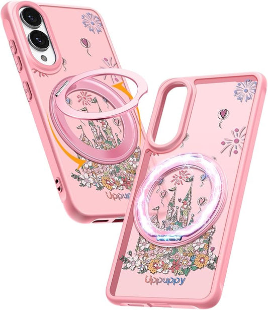 for Samsung Galaxy S25 Edge Case with 360° Rotatable Magnetic Ring - Compatible with MagSafe, Semi-Transparent Soft-Touch Material Shockproof, Cute Pink Castle Design for Women Girl