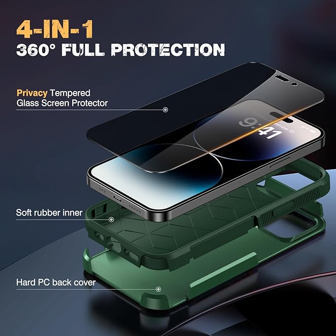 Diaclara Designed for iPhone 14 Pro Max Case, [with Privacy Screen Protector] [Anti Spy] [Military Grade Drop Protection] Heavy Duty Full-Body Shockproof Phone Case, Green