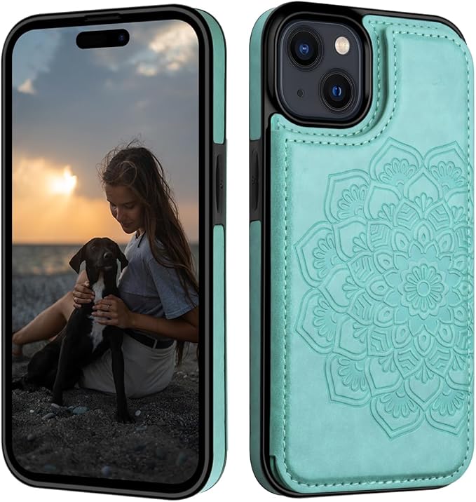 MMHUO for iPhone 15 Case with Card Holder,Flower Magnetic Buttons Protective Wallet Case for Women for iPhone 15,Mint