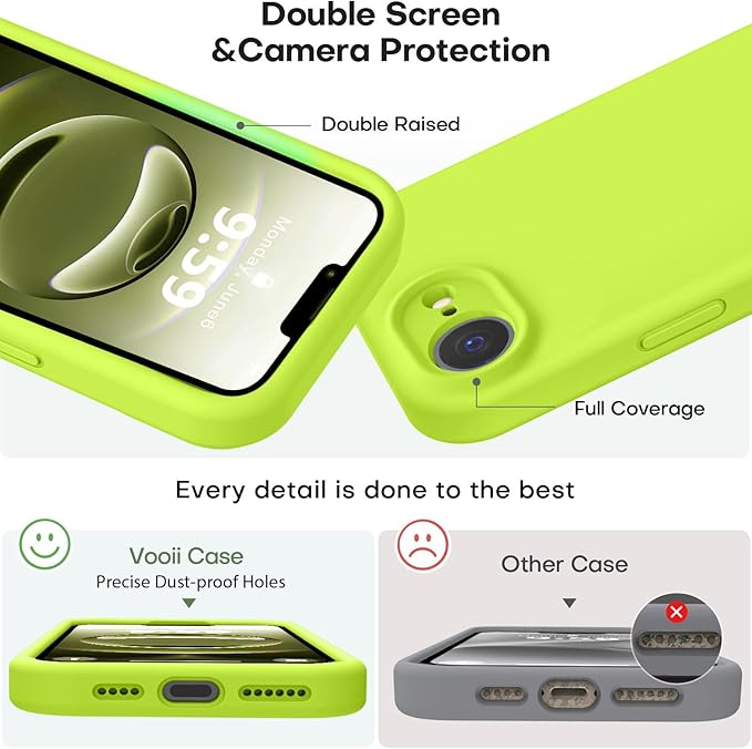 Vooii Compatible with iPhone 16e Case, Liquid Silicone Upgrade [Camera Protection] [Soft Anti-Scratch Microfiber Lining] Shockproof Phone Case for iPhone 16e 6.1 inch - Fluorescent Green
