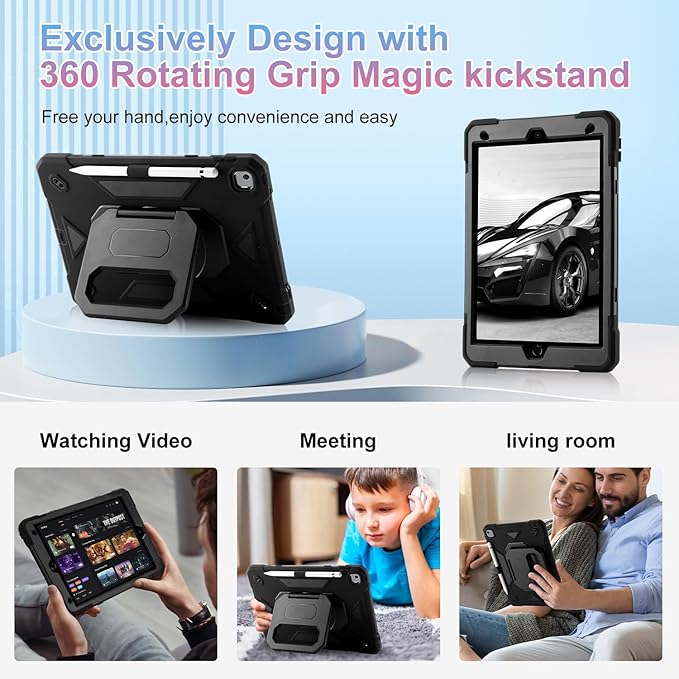 for iPad 10.2 inch Shockproof Case with 360 Rotating Grip Magic Stand, Pen Slot/Keychain/Carrying Shoulder Strap,Case for iPad 9th/8th/7th Gen