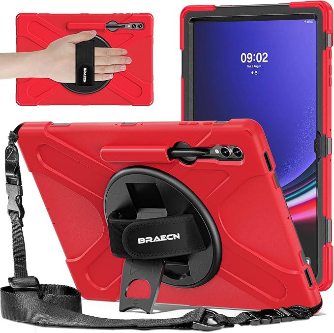 BRAECNstock Case for Samsung Galaxy Tab S10 Ultra/ S9 Ultra/ S8 Ultra 14.6" Shockporoof Protective Heavy Duty Kids Case with Pencil Holder [360 Rotating Strap]& Stand, Shoulder Strap, Red