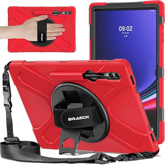 BRAECNstock Case for Samsung Galaxy Tab S10 Ultra/ S9 Ultra/ S8 Ultra 14.6" Shockporoof Protective Heavy Duty Kids Case with Pencil Holder [360 Rotating Strap]& Stand, Shoulder Strap, Red