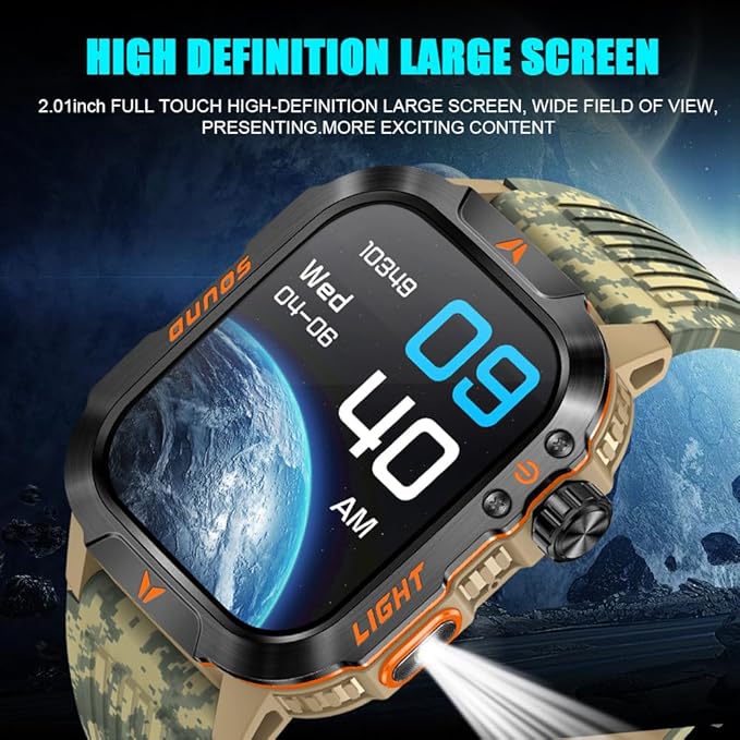 QTLLBT Military Outdoor Watch Altimeter Barometer Compass Tactical Smart Fitness Watch Heart Rate Sleep Monitor 100+ Sport Modes Fitness Available for Android and iOS (Camouflage Yellow)