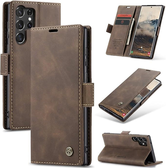 for Samsung Galaxy S25 Ultra Case, Flip Wallet Leather Case with Card Holder Magnetic Closure Shockproof Kickstand Protective Phone Cases Cover for Galaxy S25 Ultra, Coffee