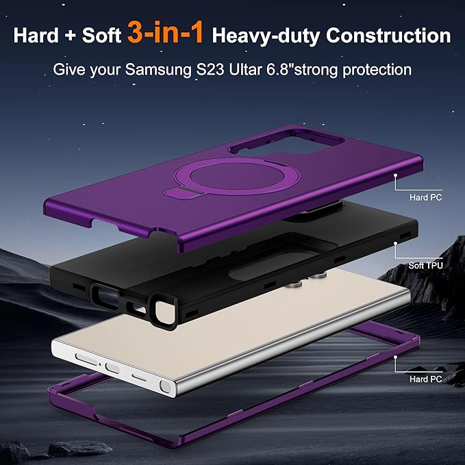Designed for Samsung Galaxy S23 Ultra Case with Magnetic Ring Stand [Compatible with Mag-Safe][Military Grade Drop Protection][Build in Kickstand] Shockproof S23 Ultra Phone Case 6.8",Purple