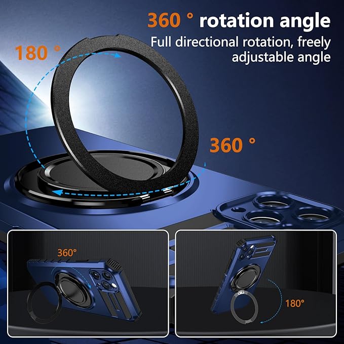 for iPhone 13 Pro Max Case Magnetic Compatible with Wireless Charging,Phone Case with 2 Screen Protectors,Built-in Kickstand Ring Military Grade Drop Shockproof Heavy Duty Protection Blue