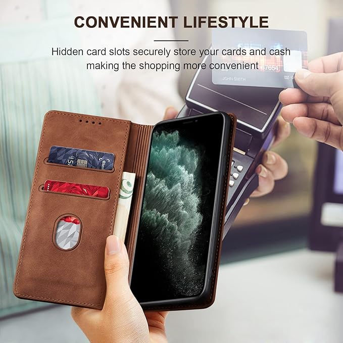 Jasonyu Flip Wallet Case for iPhone 11 Pro,Leather Magnetic Folio Cover with Card Holder,Kickstand - TPU Shockproof Durable Protective Phone Case,Brown
