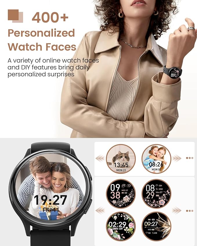 Samrt Watches for Women Men, 42mm Smart Watch with 400+ Watch Face, 70+ Sport Modes, 24/7 Heart Rate, Sleep Monitor, Answer/Make Calls, Waterproof Activity Fitness Tracker for Android & iPhone (Black)