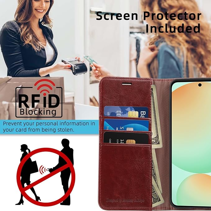 MONASAY Wallet Case Fit for Samsung Galaxy S24 FE 6.1 inch 5G,[RFID Blocking] Flip Folio Leather Cell Phone Cover with Credit Card Holder, Burgundy