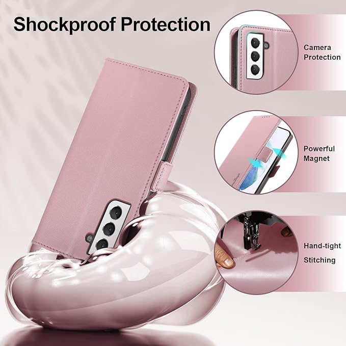 Wallet Flip Case for Samsung Galaxy S21 5G - [RFID Blocking] Luxury PU Leather Card Holder Magnetic Phone Cover with Kickstand,Shockproof Protective Case,Pink