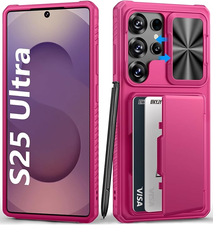 for Samsung Galaxy S25 Ultra Phone Case Wallet, Card Holder (4-5 Cards), RFID Block, Slide Lens Cover & Military Grade Drop Protection, Heavy Duty Men Women Case for Samsung S25 Ultra, Hot Pink