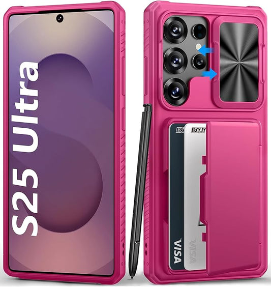 for Samsung Galaxy S25 Ultra Phone Case Wallet, Card Holder (4-5 Cards), RFID Block, Slide Lens Cover & Military Grade Drop Protection, Heavy Duty Men Women Case for Samsung S25 Ultra, Hot Pink
