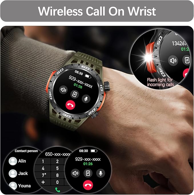 Military Smart Watch with LED Flashlight, Compass, SOS, Rugged Tactical Bluetooth Answer/Dial Calls, Heart Rate Blood Pressure Sleep Monitor Compatible for Android and iOS, Green