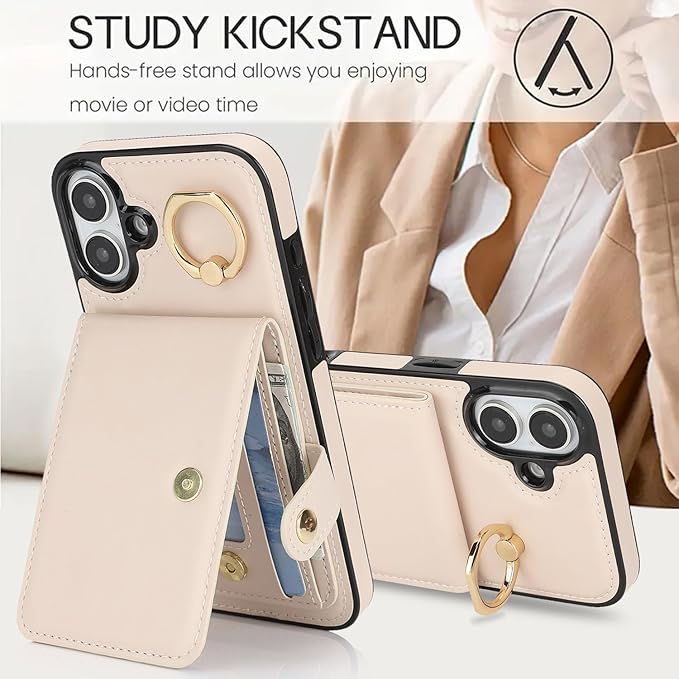 Compatible iPhone 16 Wallet Case with Card Holder RFID Blocking PU Leather Doubles as a Wallet Unisex Flip Shockproof Protection with Card Slots Ring Wrist Kickstand Function,White