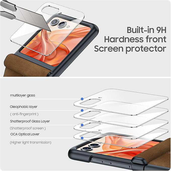 for Motorola Razr 2024 Case/Razr 2025 Case, Built-in Screen Protector & Hinge Protection & Ultra Thin PU Leather Matte PC Shockproof Phone Cover Smartphone Case for Moto Razr 2024/2025(Brown)